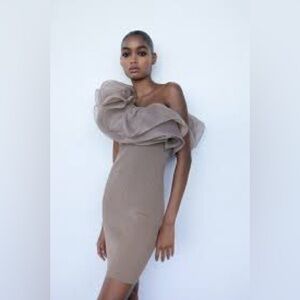Zara Knit Dress With Organza Ruffled Light Mink NEW